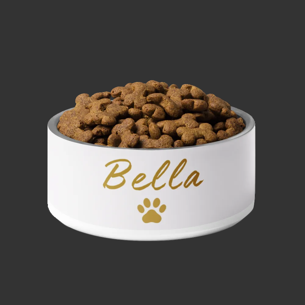 White pet bowl with 'Bella' and a paw print, filled with dog food on a white background