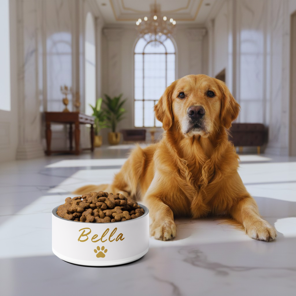Dog lying on a marble floor with a bowl of kibble labeled 'Bella' in a bright room.