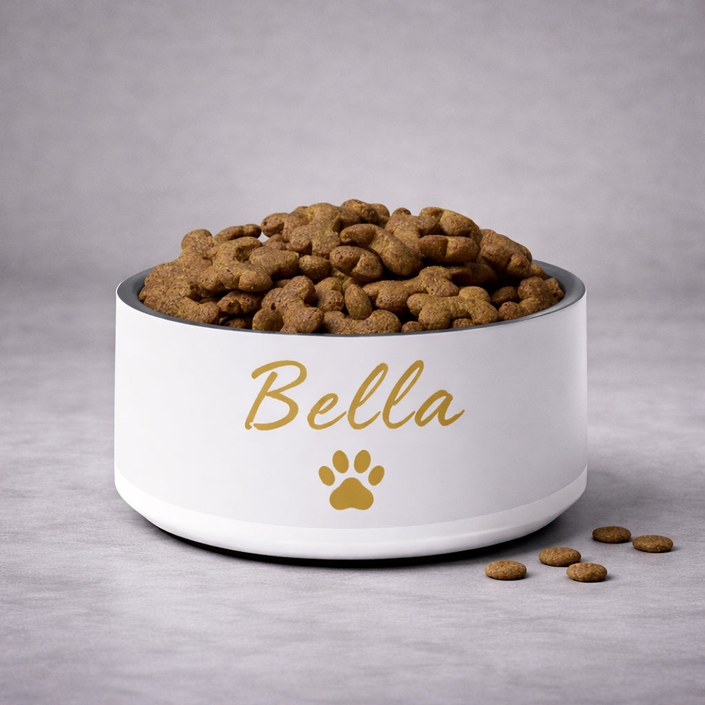 Ivory bowl labeled 'Bella' with dog food on a gray background