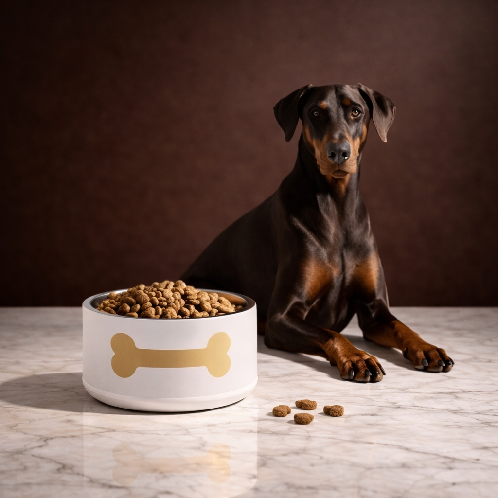 Dog sitting next to a bowl of kibble on a wooden surface with a brown background