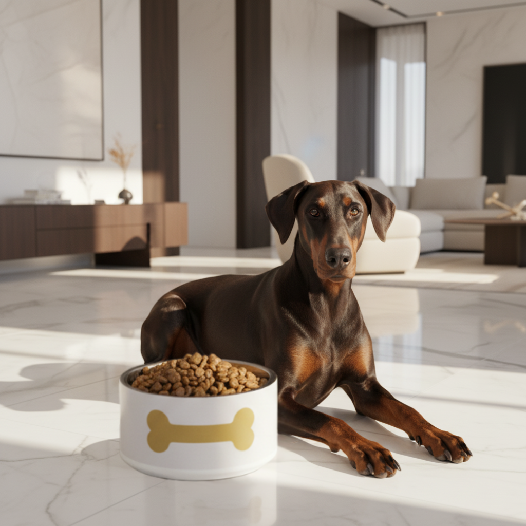 Dog lying on a floor with a bowl of food in a modern living room.