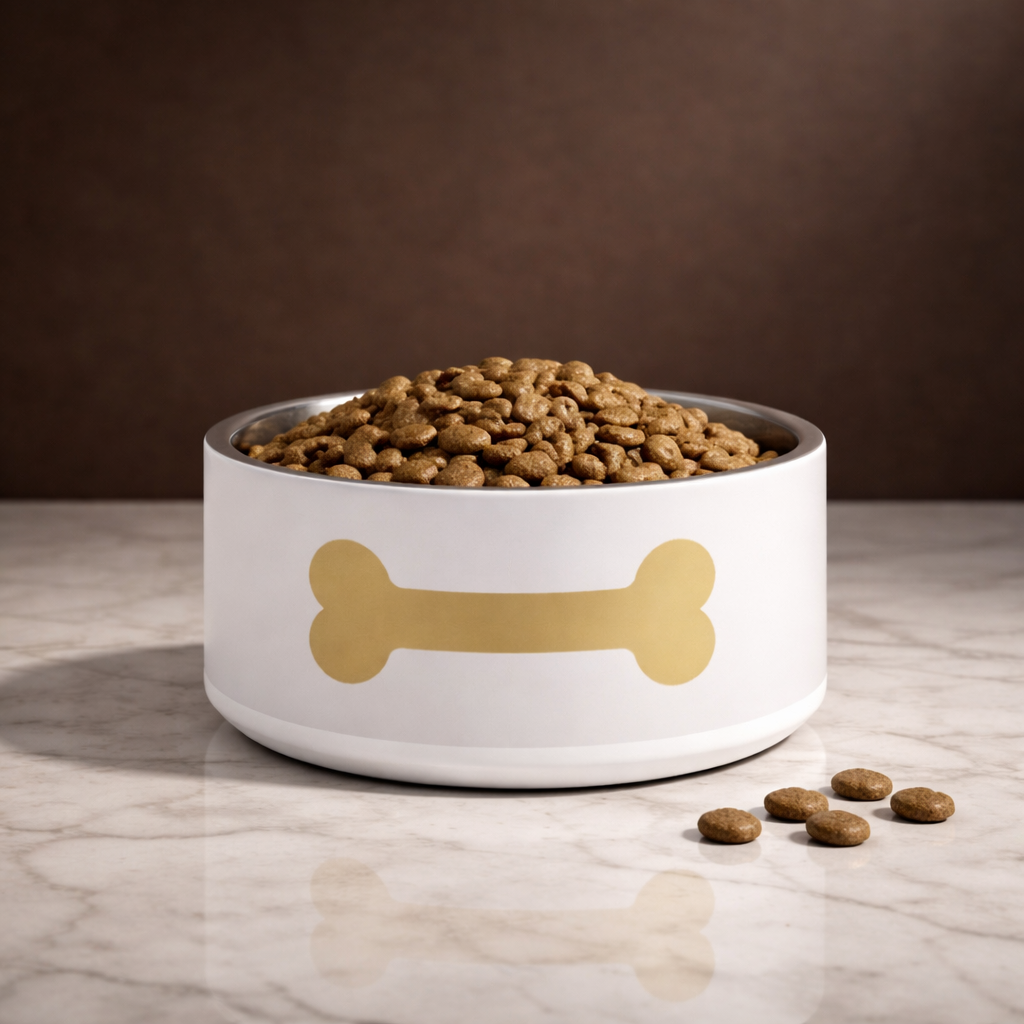Ivory Whisper pet bowl with gold bone design filled with dog food on a marble surface.