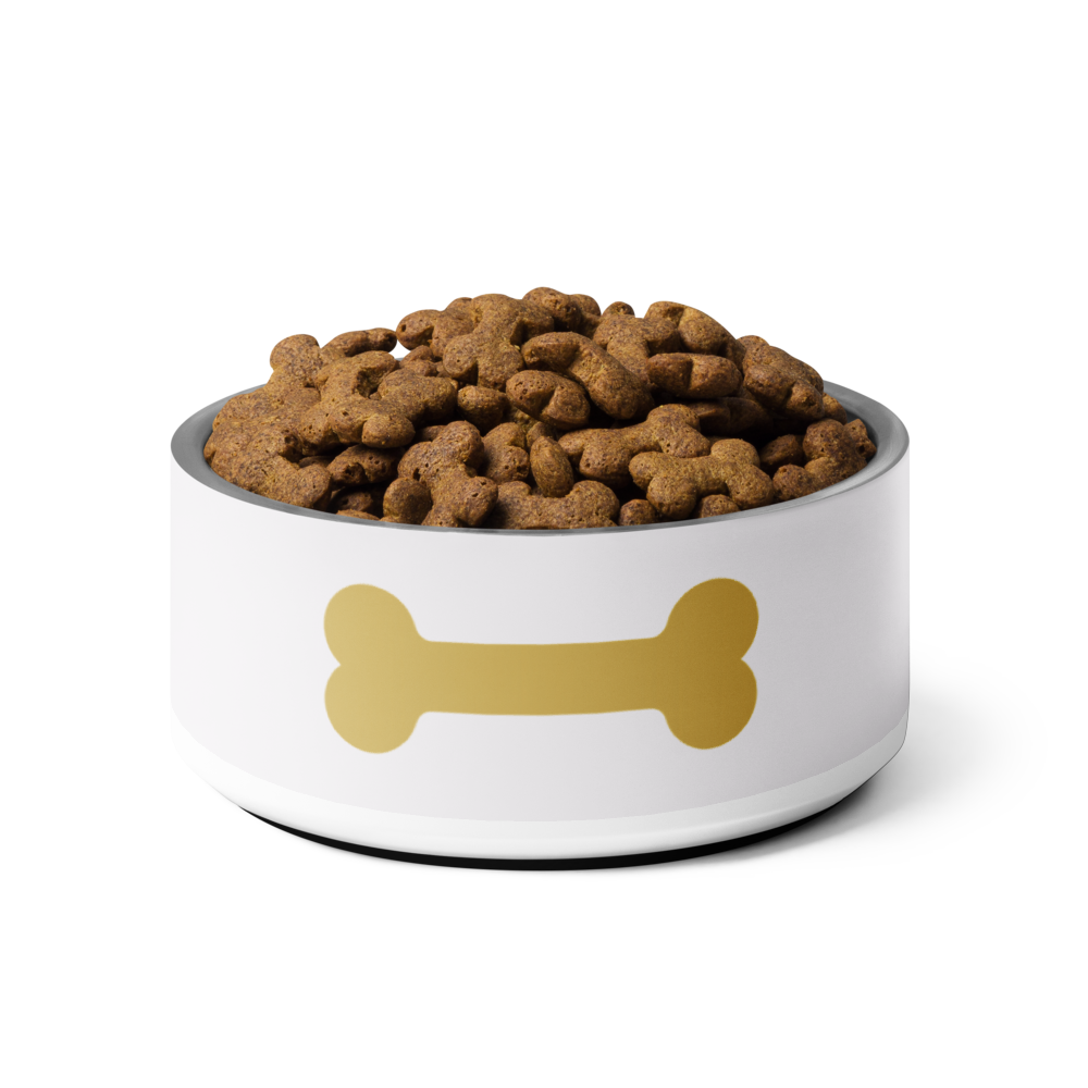Ivory Whisper bowl with gold bone design filled with dog food on a Ivory background