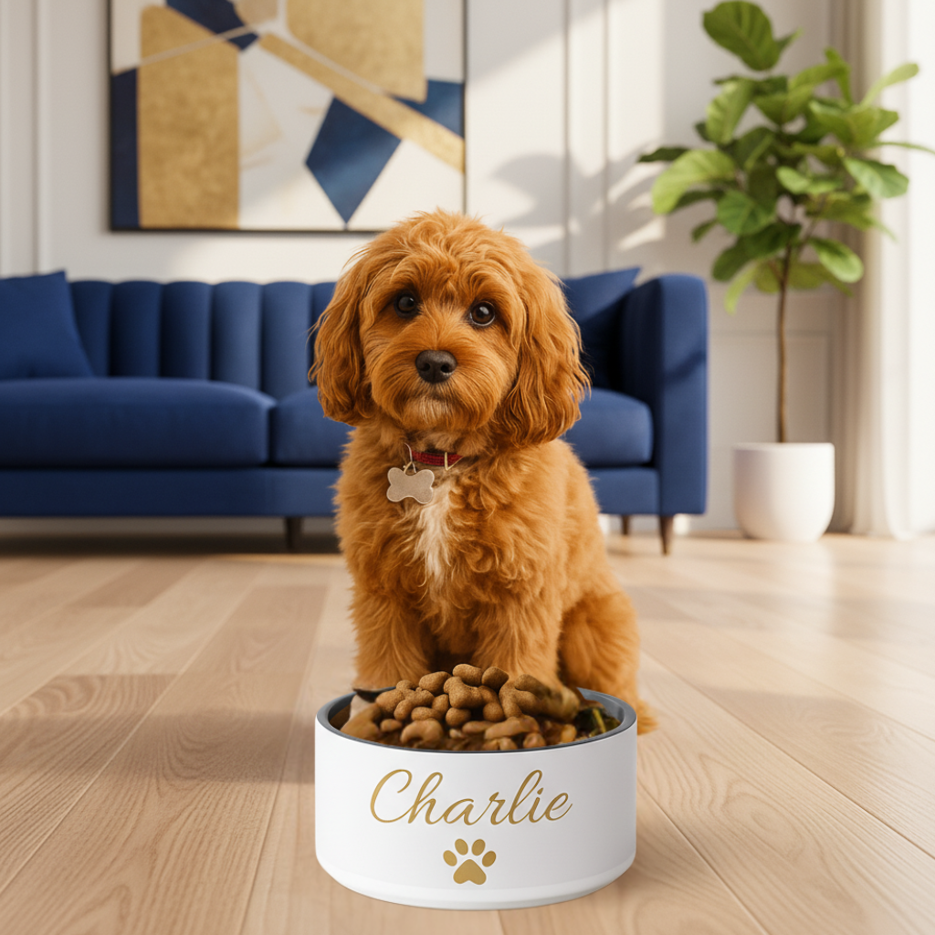 Dog sitting on a wooden floor with a bowl of kibble in a living room.