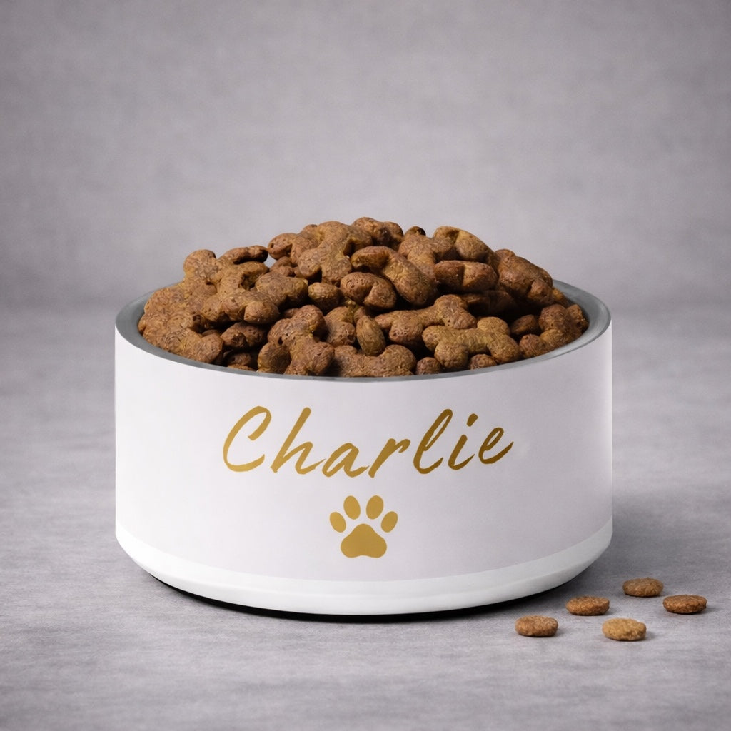 Ivory bowl with 'Charlie' and a paw print, filled with dog food on a gray background