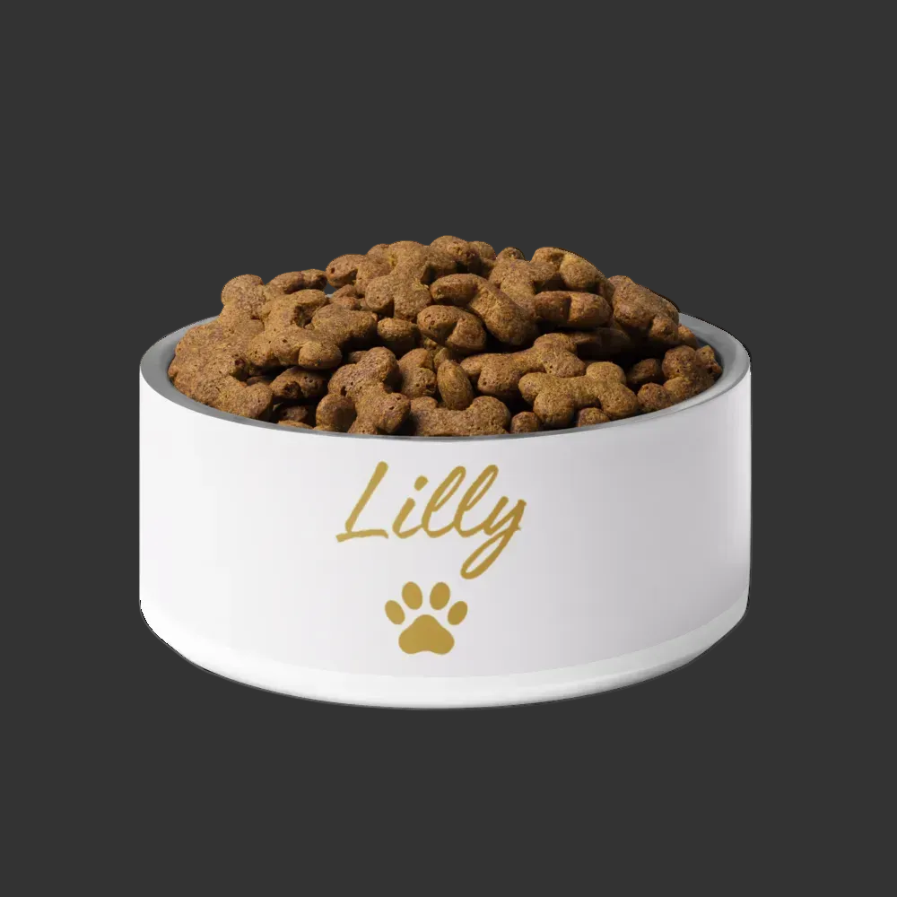 Ivory Whisper pet bowl with 'Lilly' and a paw print, filled with dog food on a white background