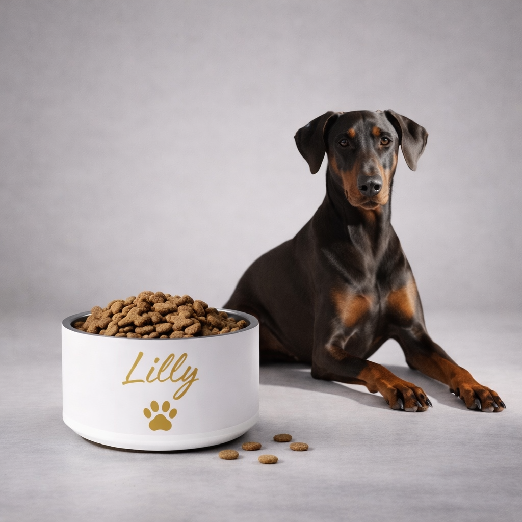 Dog sitting next to a ivory bowl labeled 'Lilly' filled with dog food on a gray background