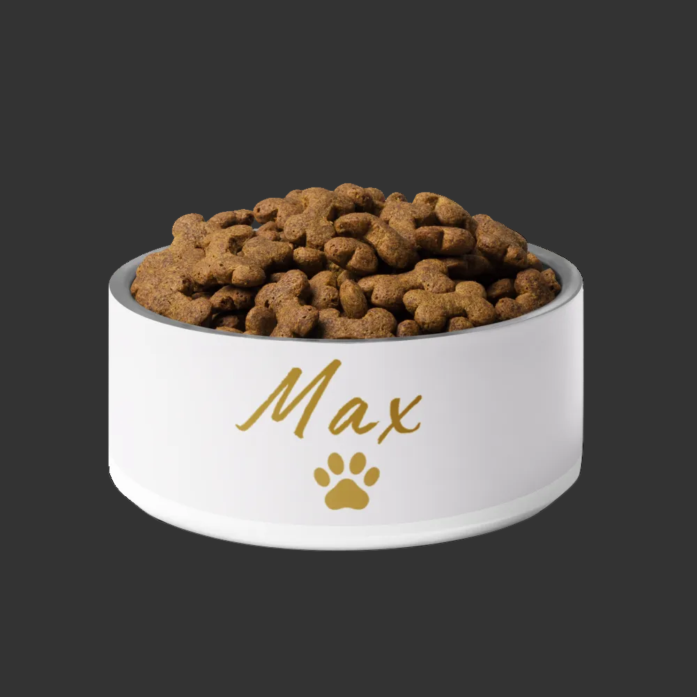 Ivory Whisper pet bowl with 'Max' and a paw print, filled with dog food on a white background
