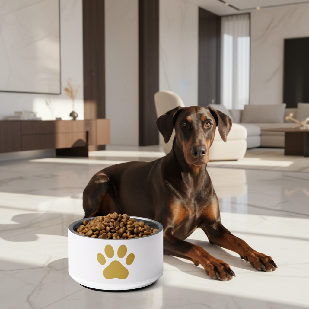 Dog lying on a modern floor with a bowl of kibble in a stylish room.