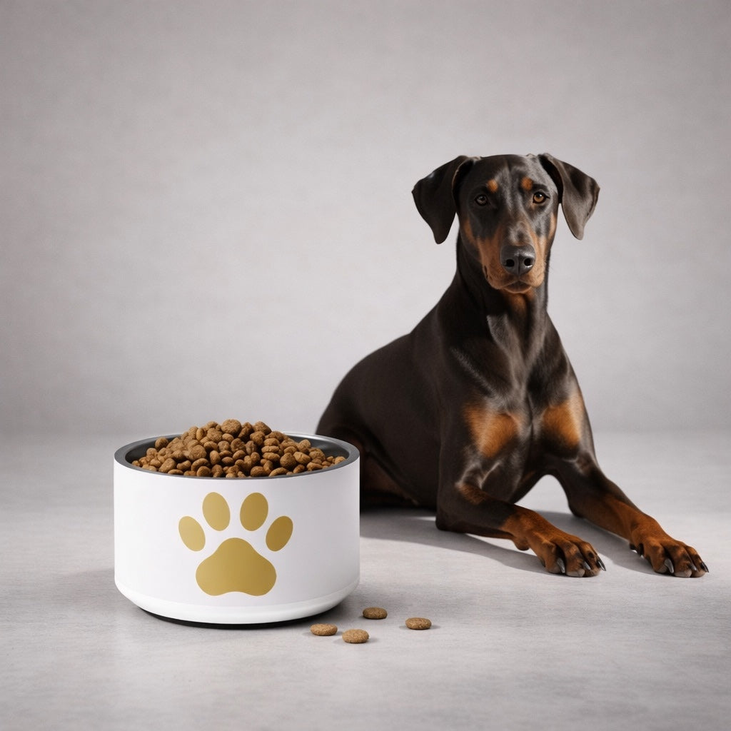 Dog sitting next to a bowl of kibble with a paw print on a gray background