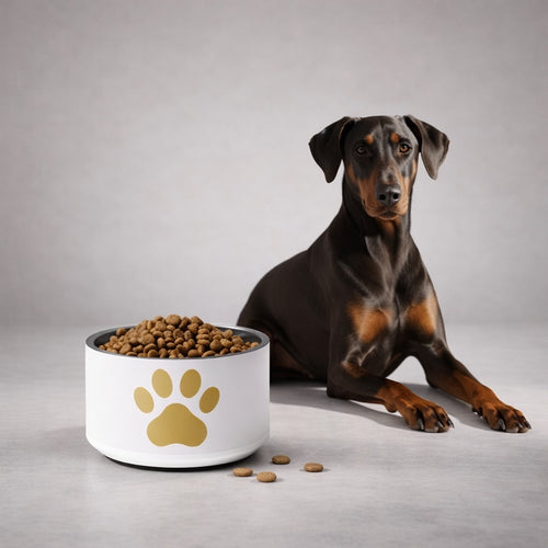 Dog sitting next to a bowl of kibble with a paw print on a gray background