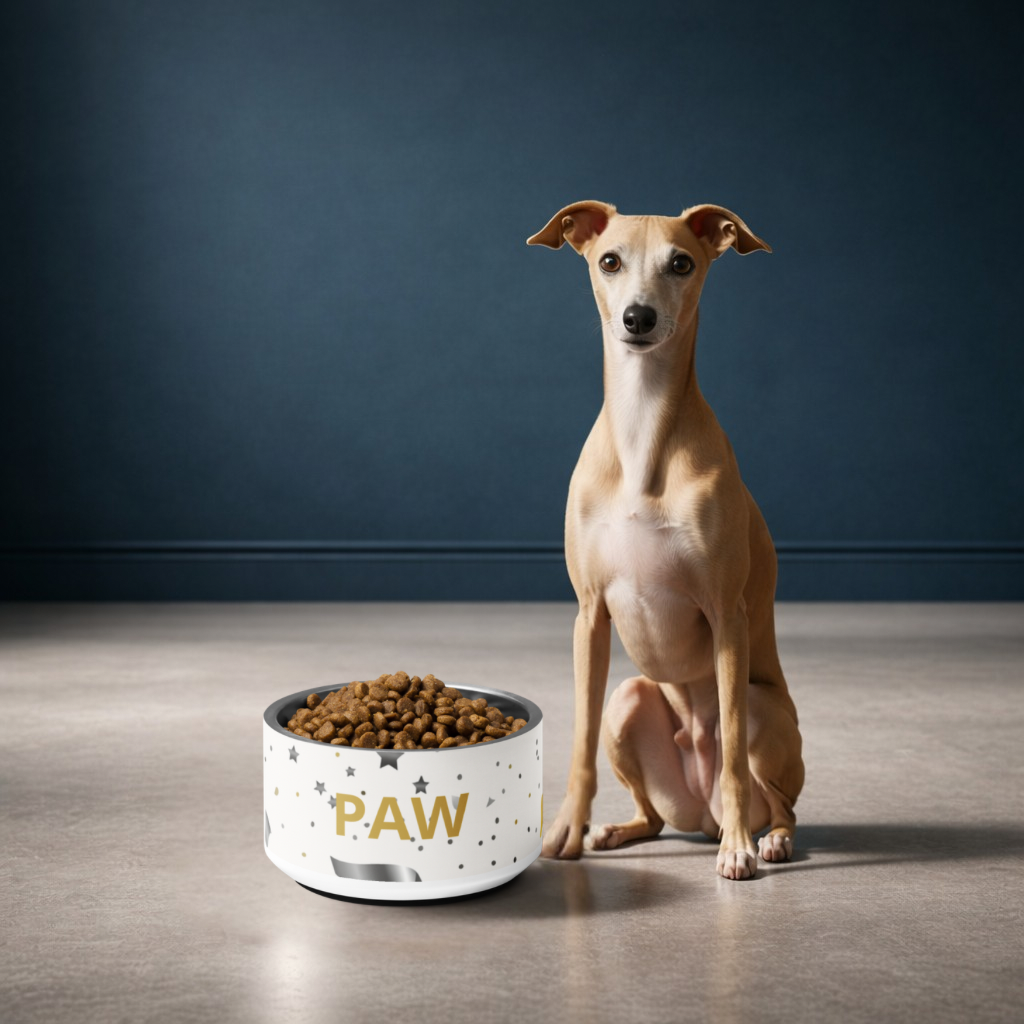 Dog sitting next to a bowl of food with 'PAW' branding on a wooden floor.