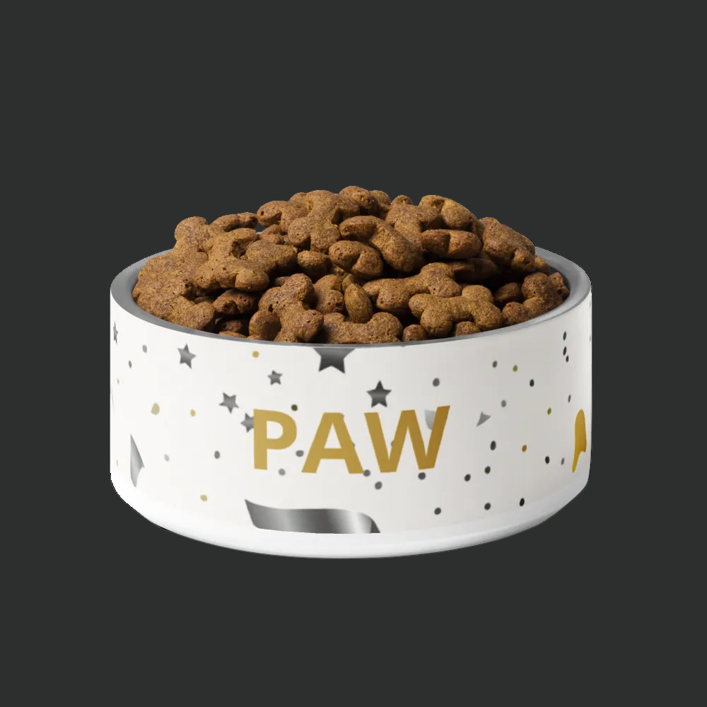 Dog food bowl with 'PAW' branding on a white background