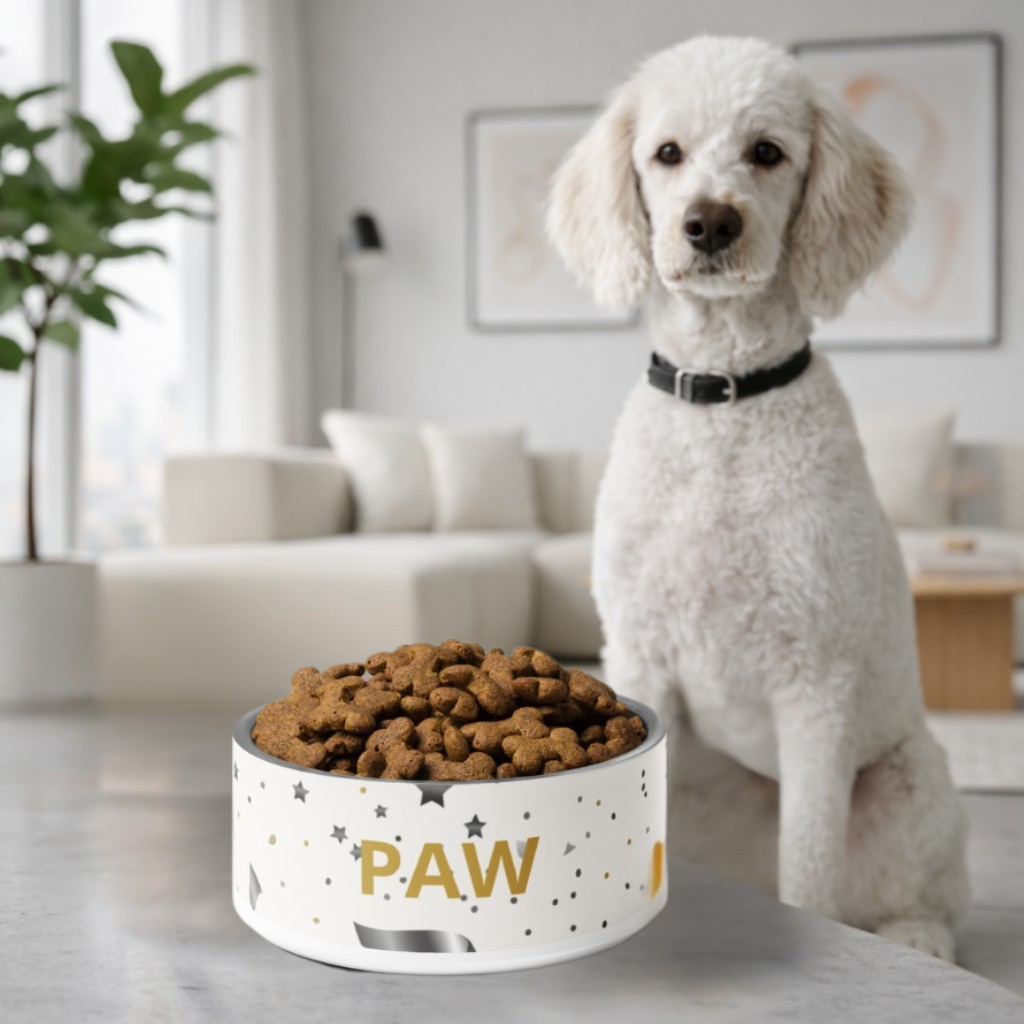 White dog standing next to a bowl of dog food with 'PAW' on it in a living room.