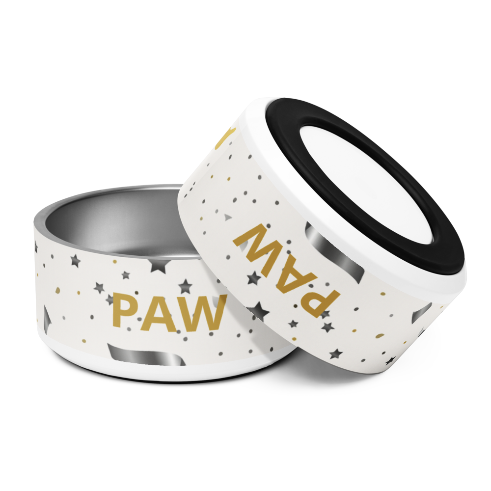 Pet bowl with 'PAW' text on a white background