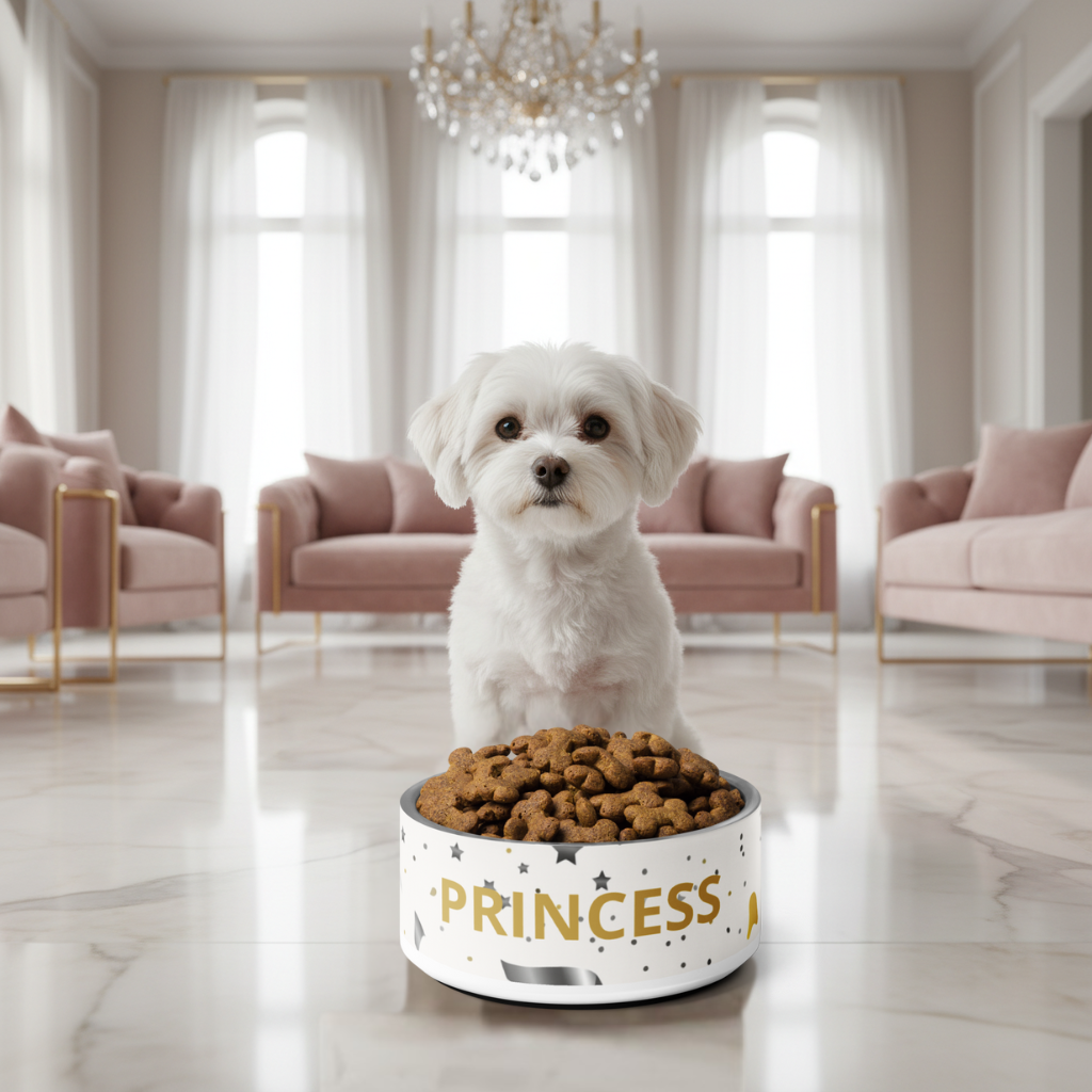 White dog sitting on a 'PRINCESS' bowl filled with kibble in a luxurious living room.
