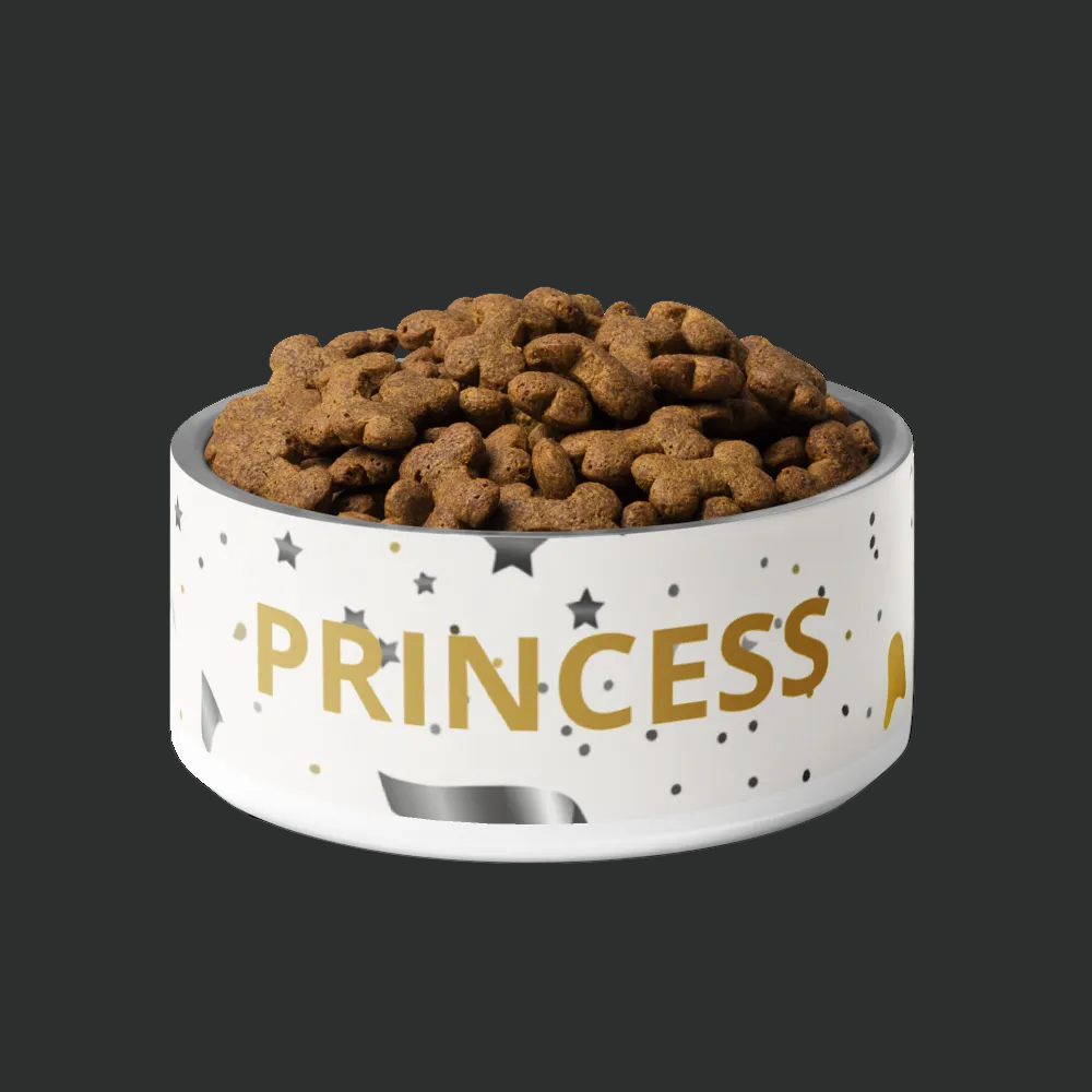Dog food bowl labeled 'PRINCESS' with dog food on a white background