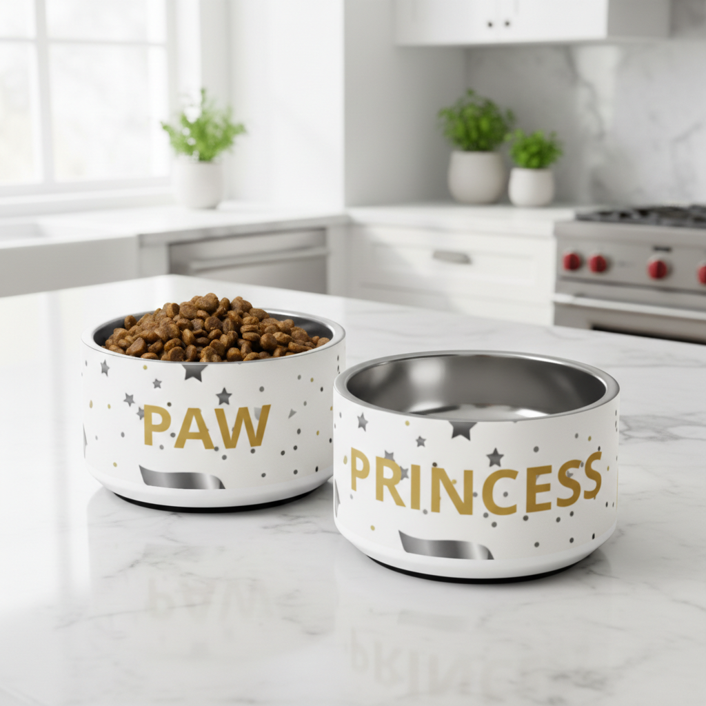 Two pet bowls labeled 'Paw' and 'Princess' on a kitchen counter.