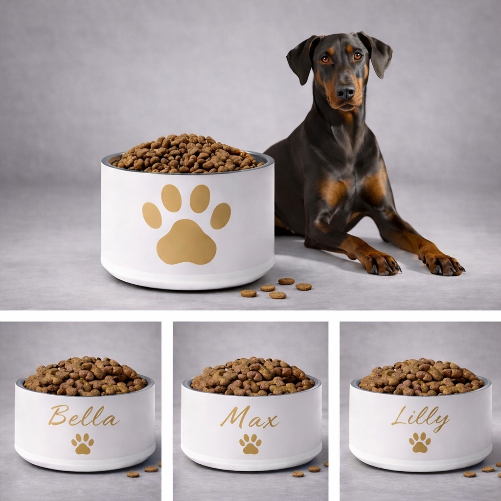 Dog sitting next to a white dog bowl with a gold paw print, containing kibble. Three additional images show personalized names 'Bella', 'Max', and 'Lilly' on similar bowls.