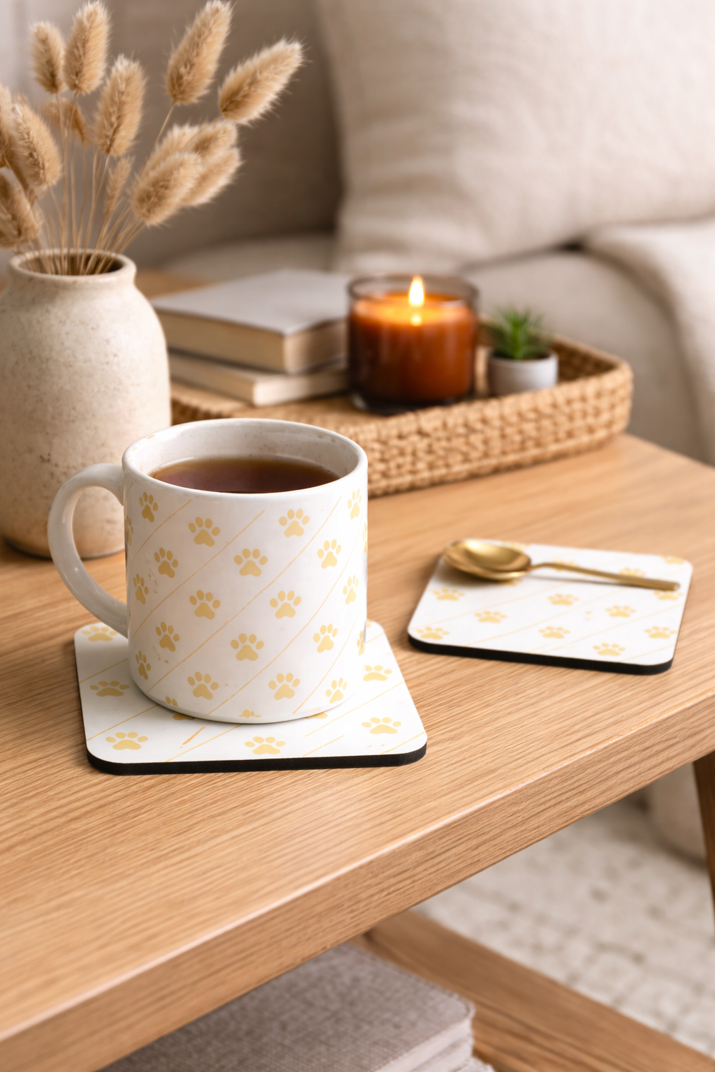 Ivory Whisper mug with paw prints on a coaster on a wooden table with a candle and books in the background.