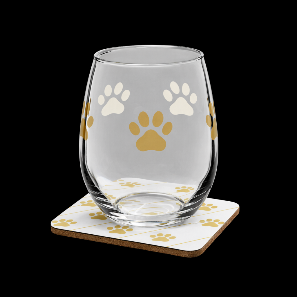 Clear glass with paw prints on a matching coaster against a black background