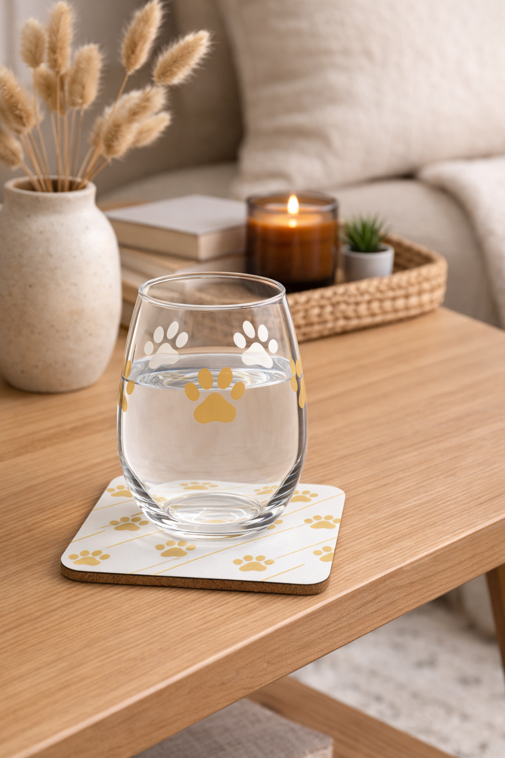 Glass with paw print design on a coaster on a wooden table with decor items.