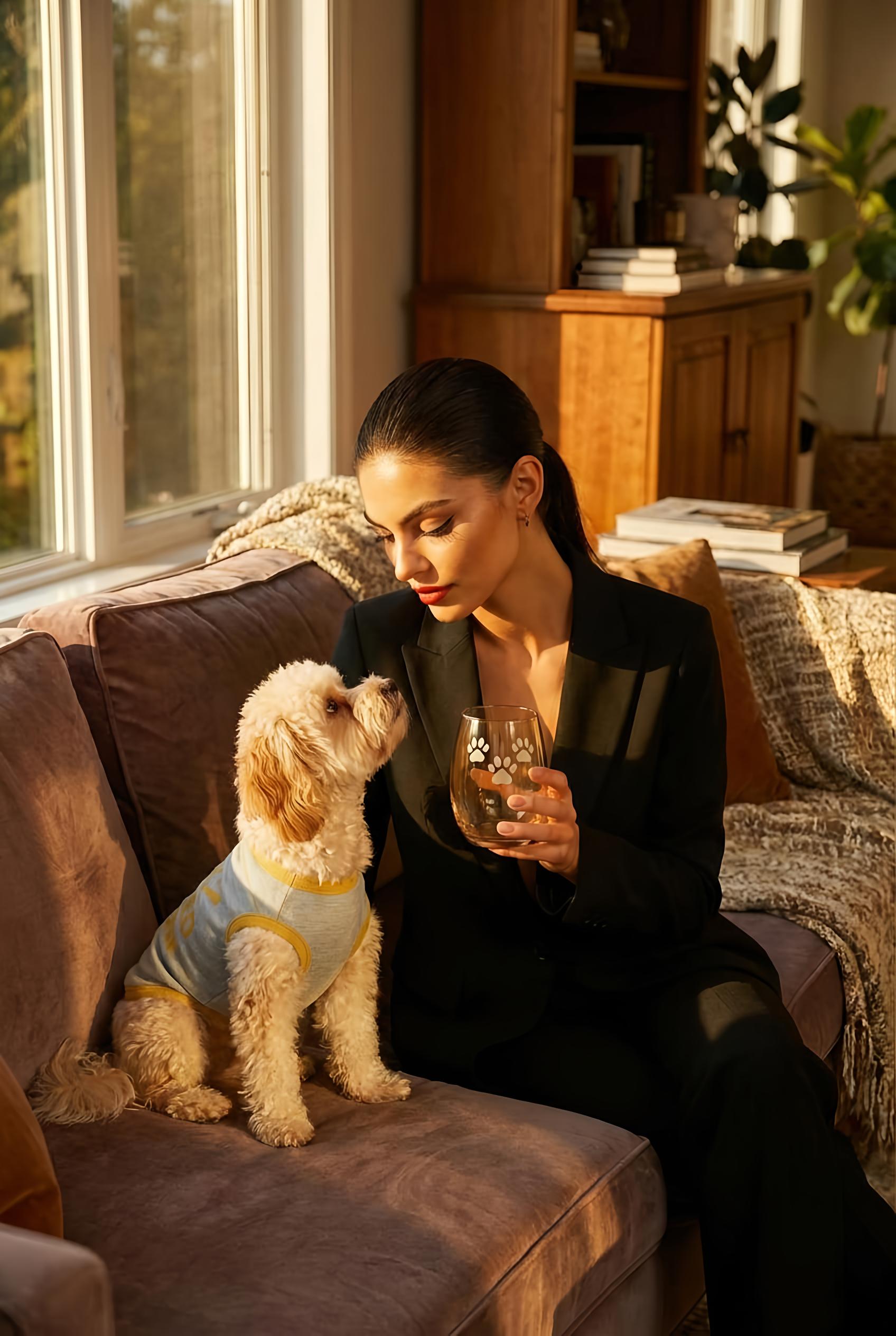 Woman sitting on a couch with a dog wearing a sweater, holding a glass.