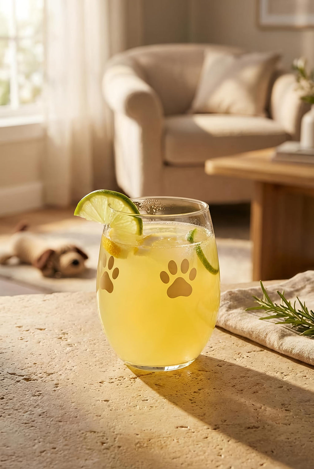 Glass of Lemon wine cooler with lime slices on a table in a cozy living room.