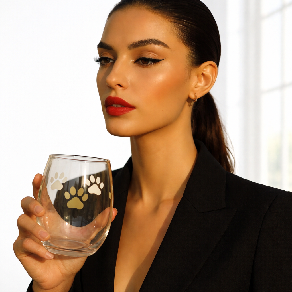 Woman holding a clear glass with paw prints, wearing a black outfit.