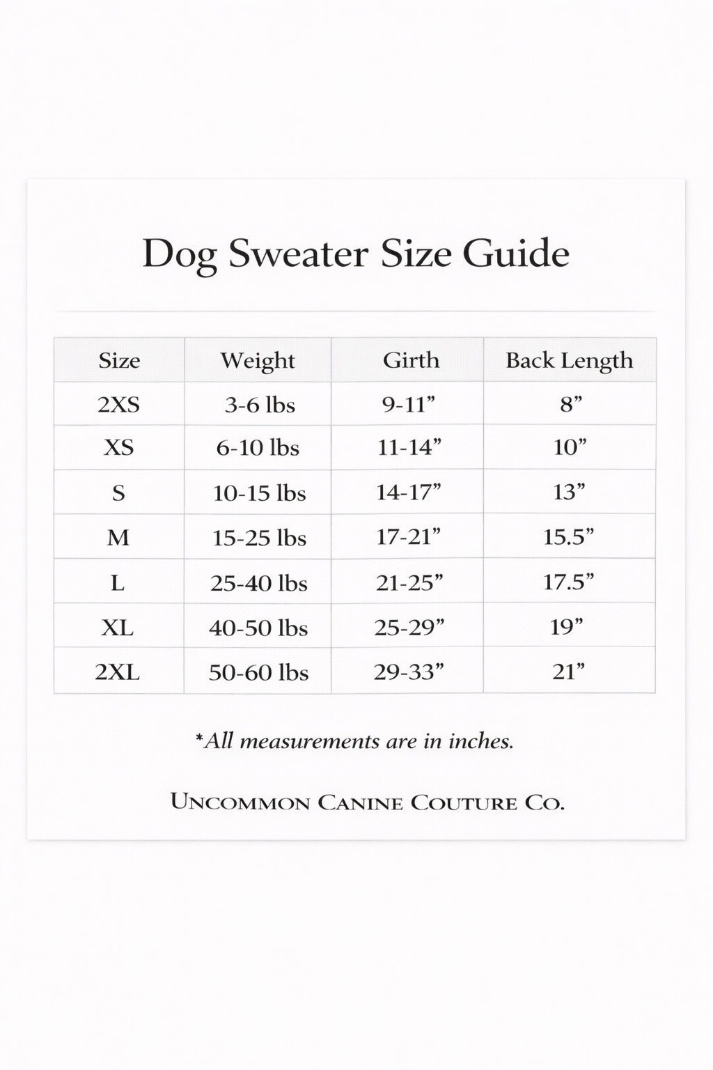 Dog sweater size guide with measurements and weight ranges on a white background