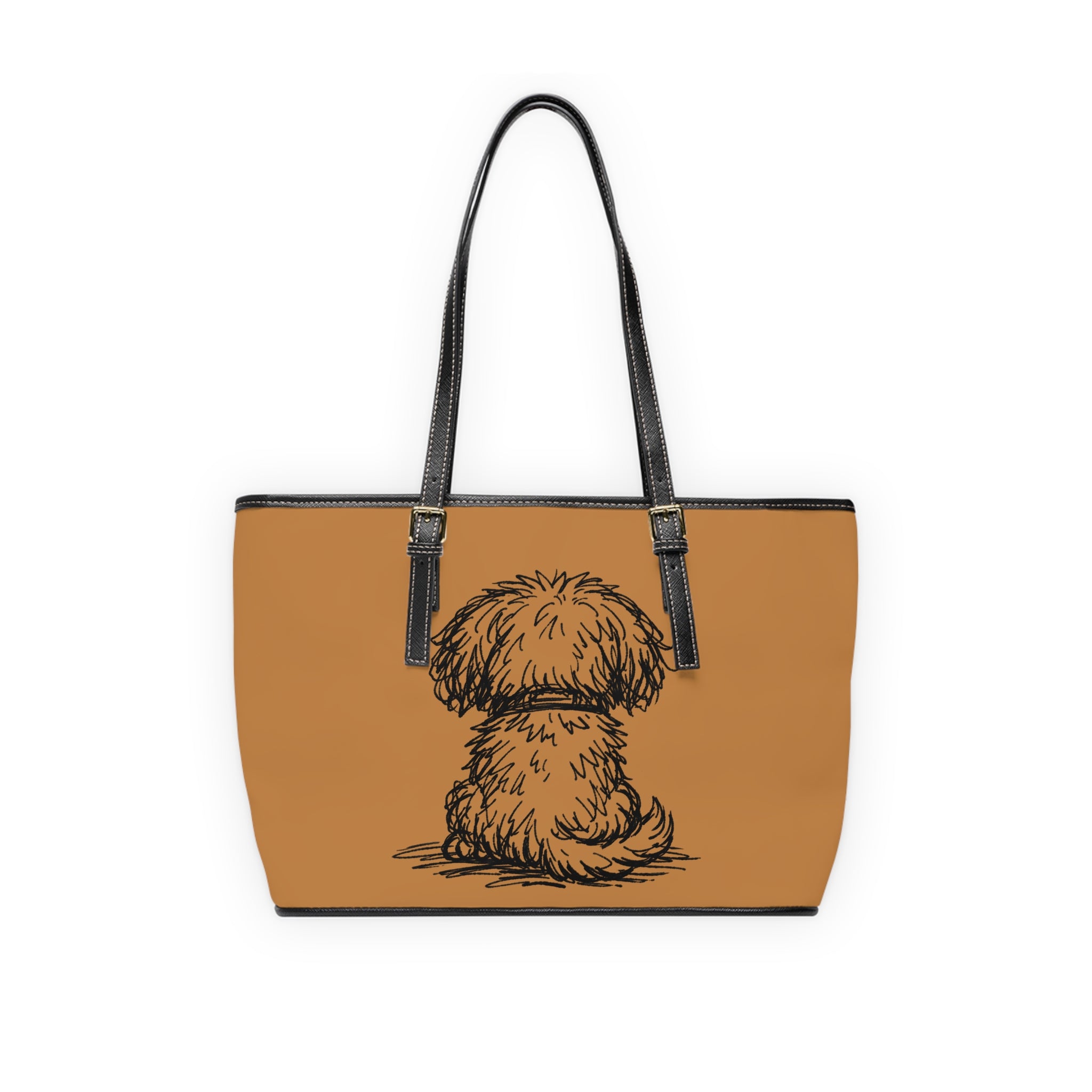 Tan tote bag with a dog illustration backside on a white background