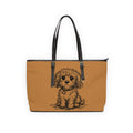 Brown tote bag with a dog illustration on a white background