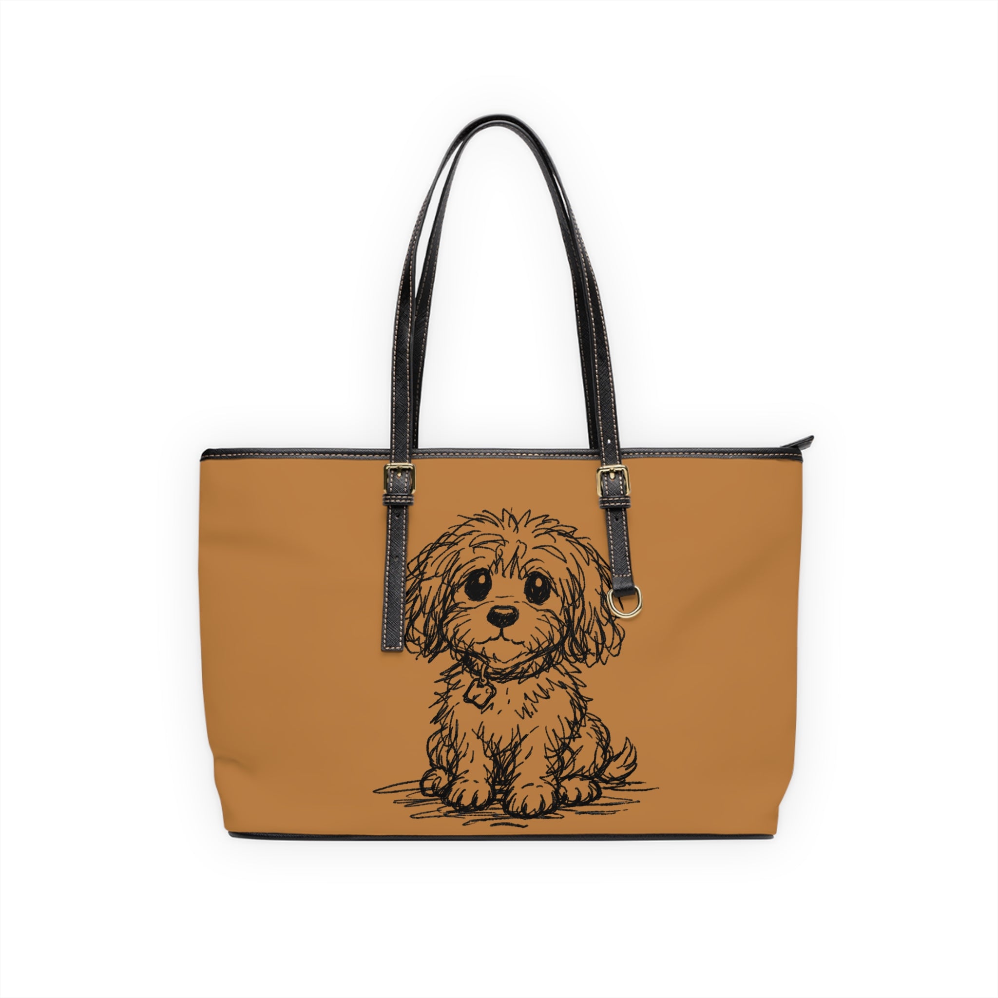 Brown tote bag with a dog illustration on a white background
