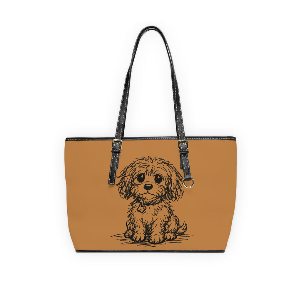 Tan tote bag with a black and white illustration of a dog on a white background