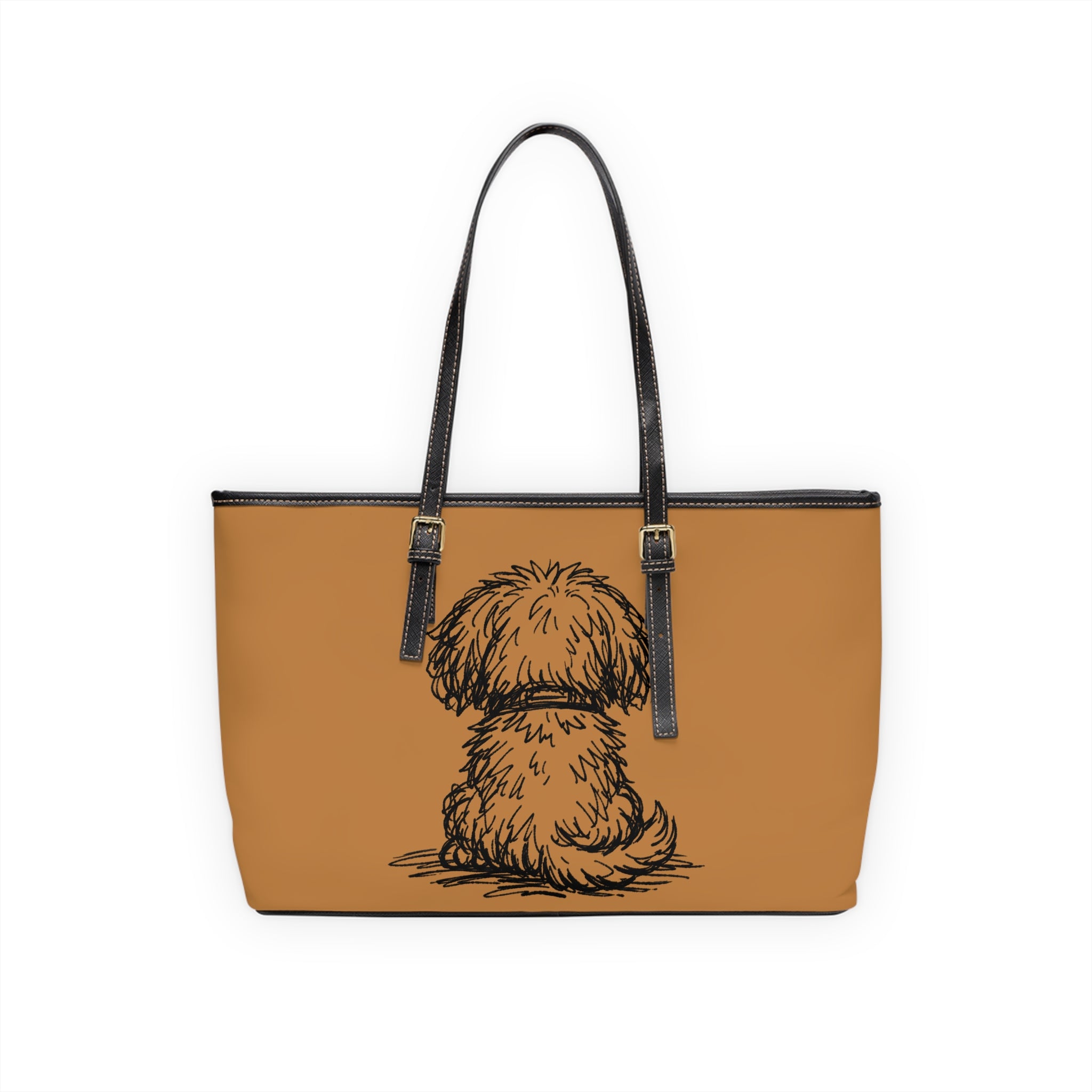 Tan tote bag with a black dog illustration on a white background