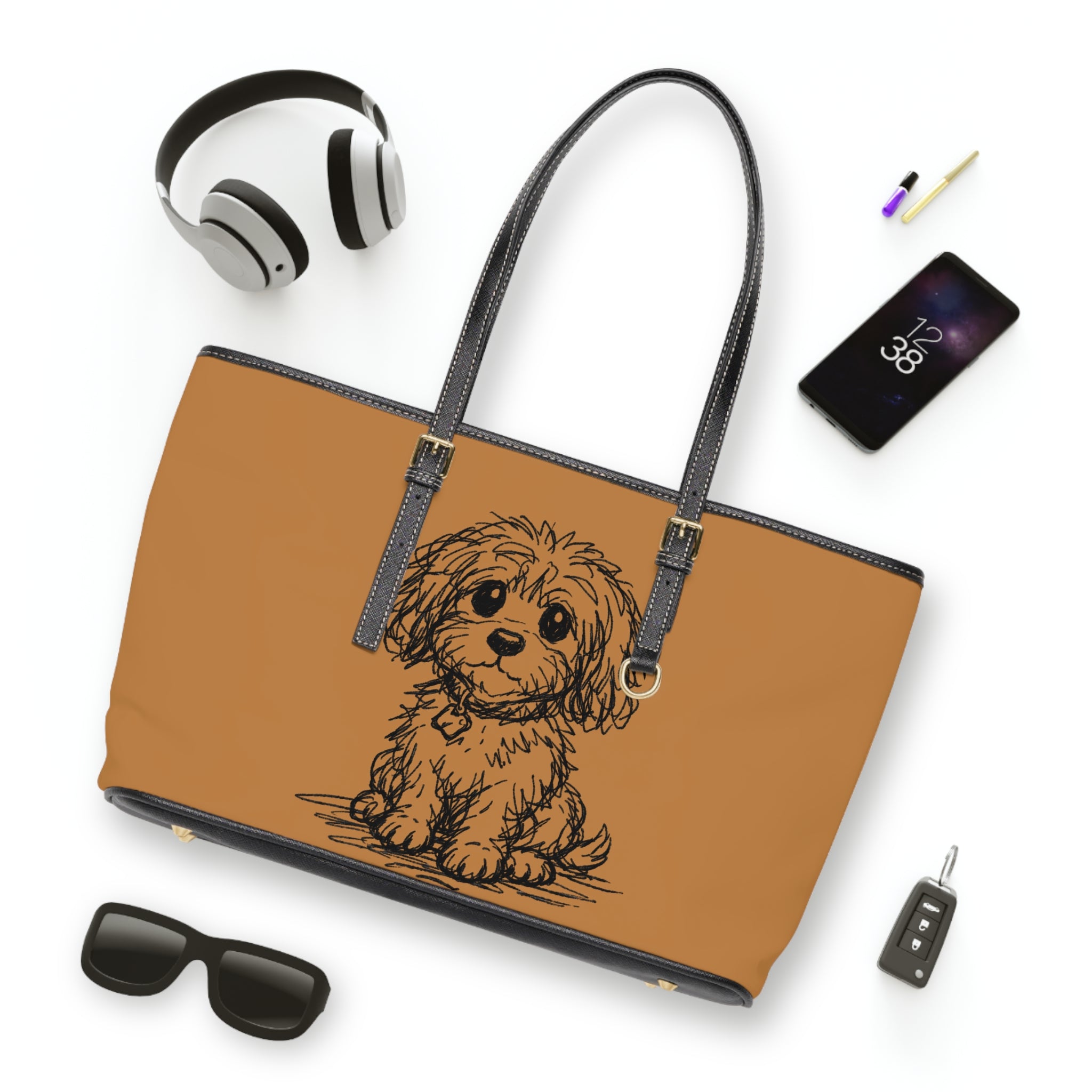 Brown tote bag with a dog illustration surrounded by accessories on a white background