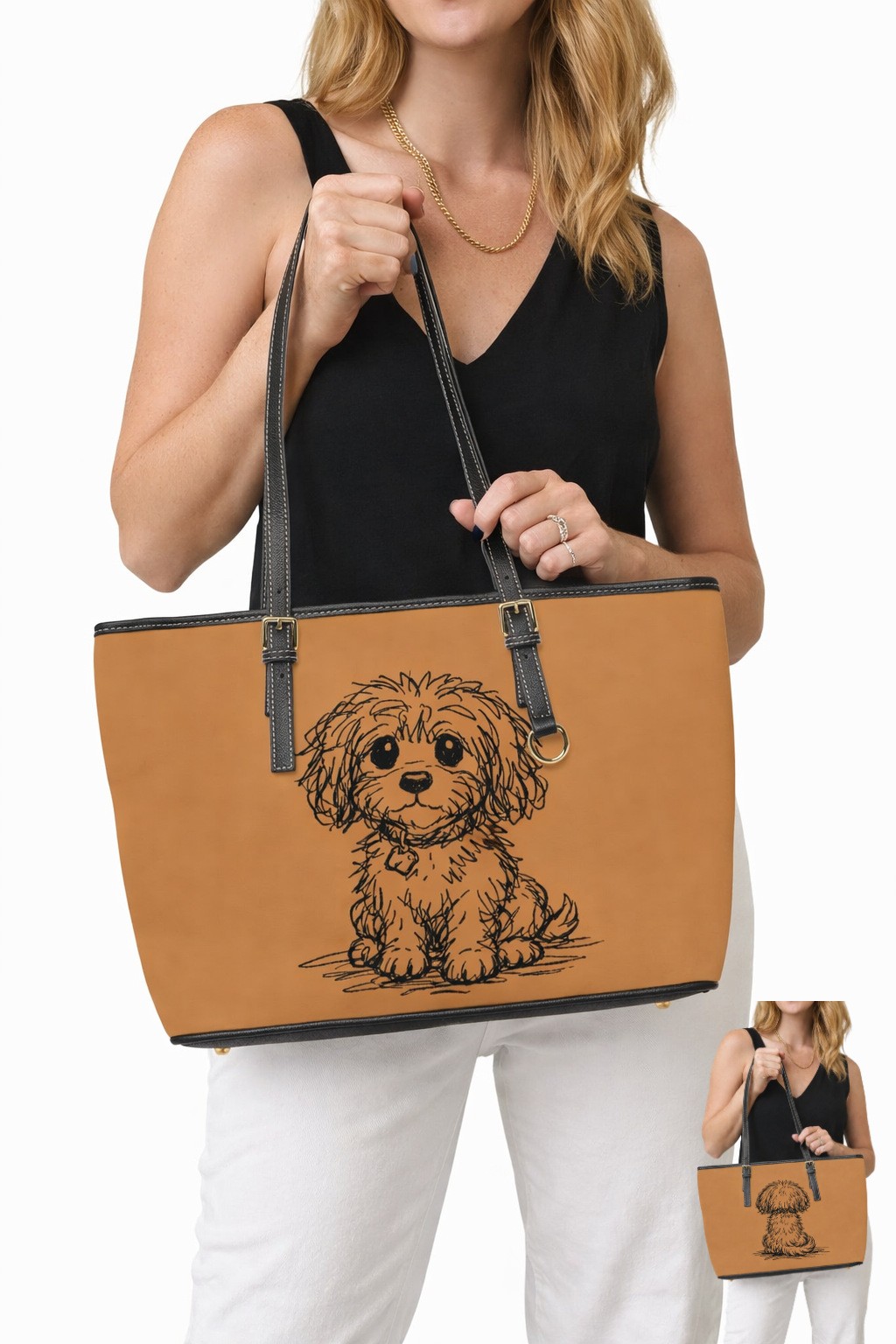 Woman holding a brown tote bag with a dog illustration on a white background
