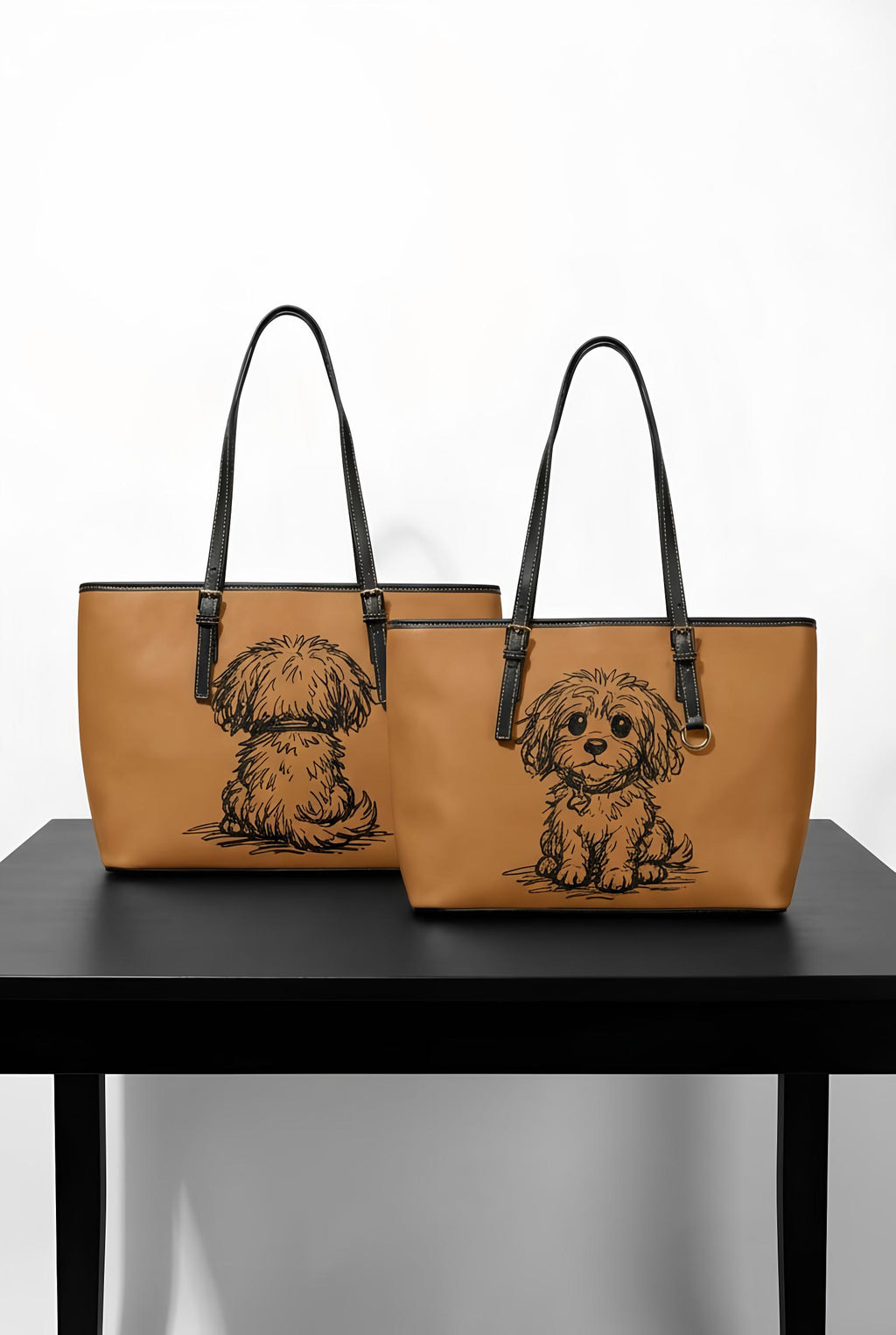 Hand-Drawn Puppy Tote PU Leather Shoulder Bag | Cute Dog Sketch