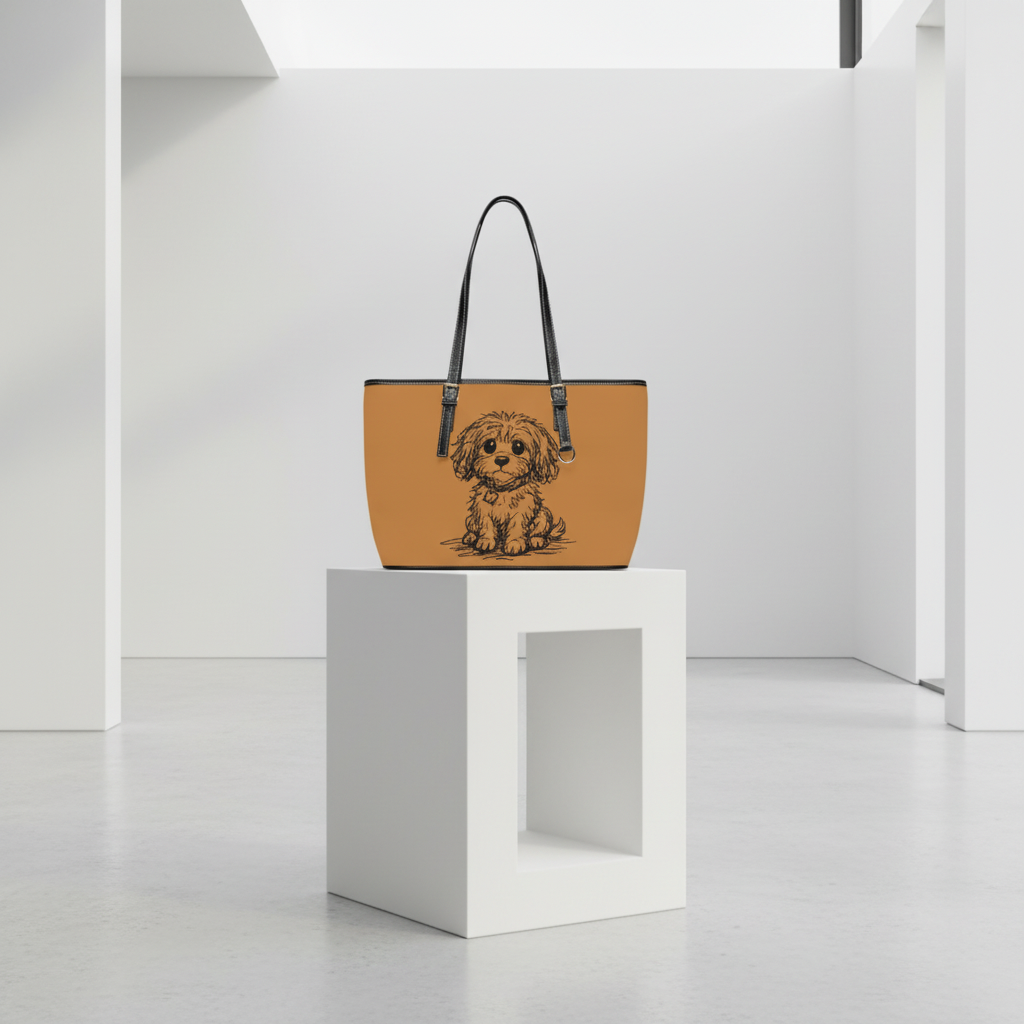 Tan handbag with a dog illustration on a white pedestal