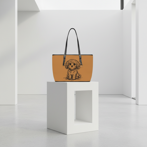 Tan handbag with a dog illustration on a white pedestal