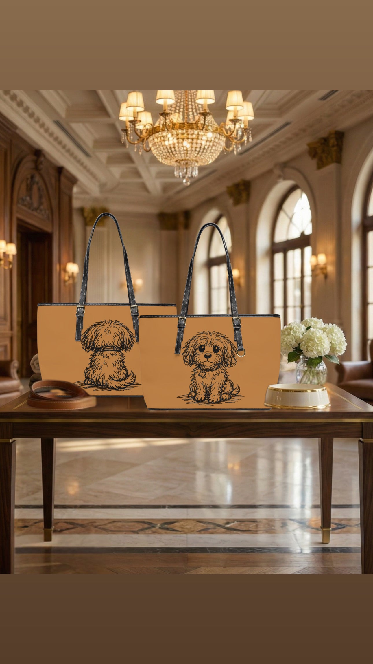 Two tan tote bags with dog illustrations on a wooden table in an elegant room with a chandelier.