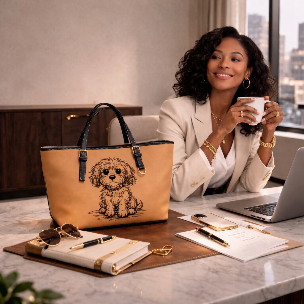 Woman sitting at a desk with a tan handbag featuring a puppy design, holding a mug.