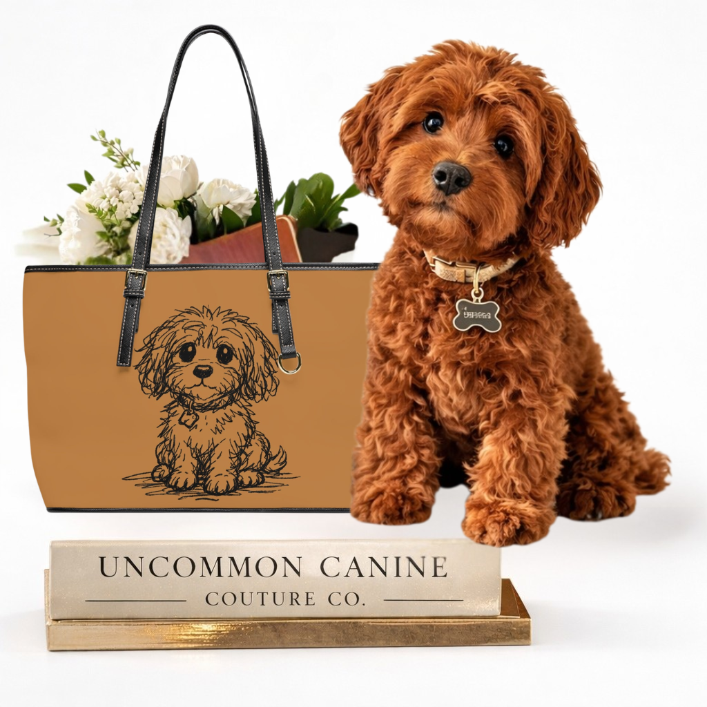 Brown dog with a tan handbag featuring a dog illustration and 'Uncommon Canine Couture Co.' sign.