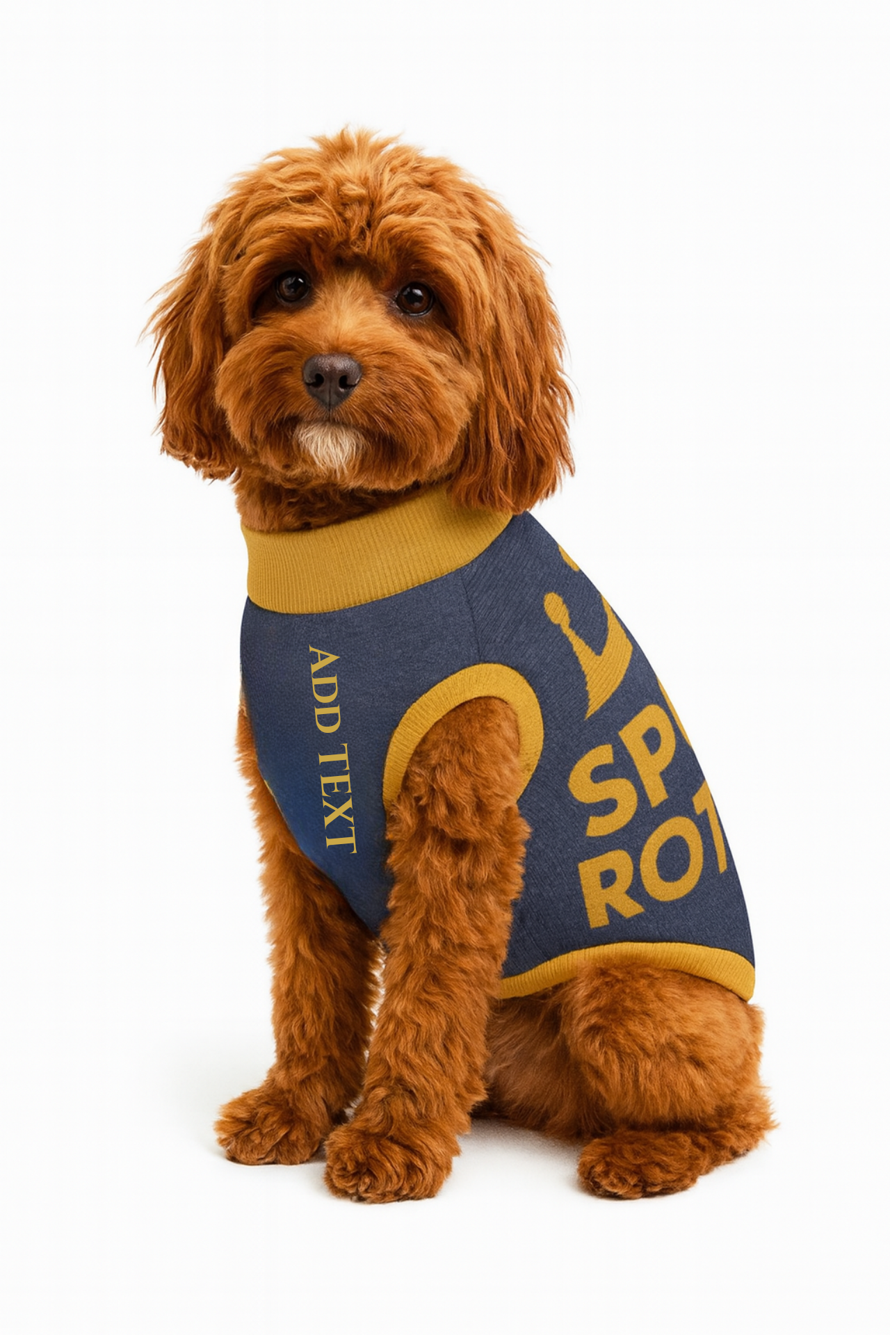 Customizable Size 2XS Knitted Dog Sweater, Spoiled Rotten, Blue and Gold