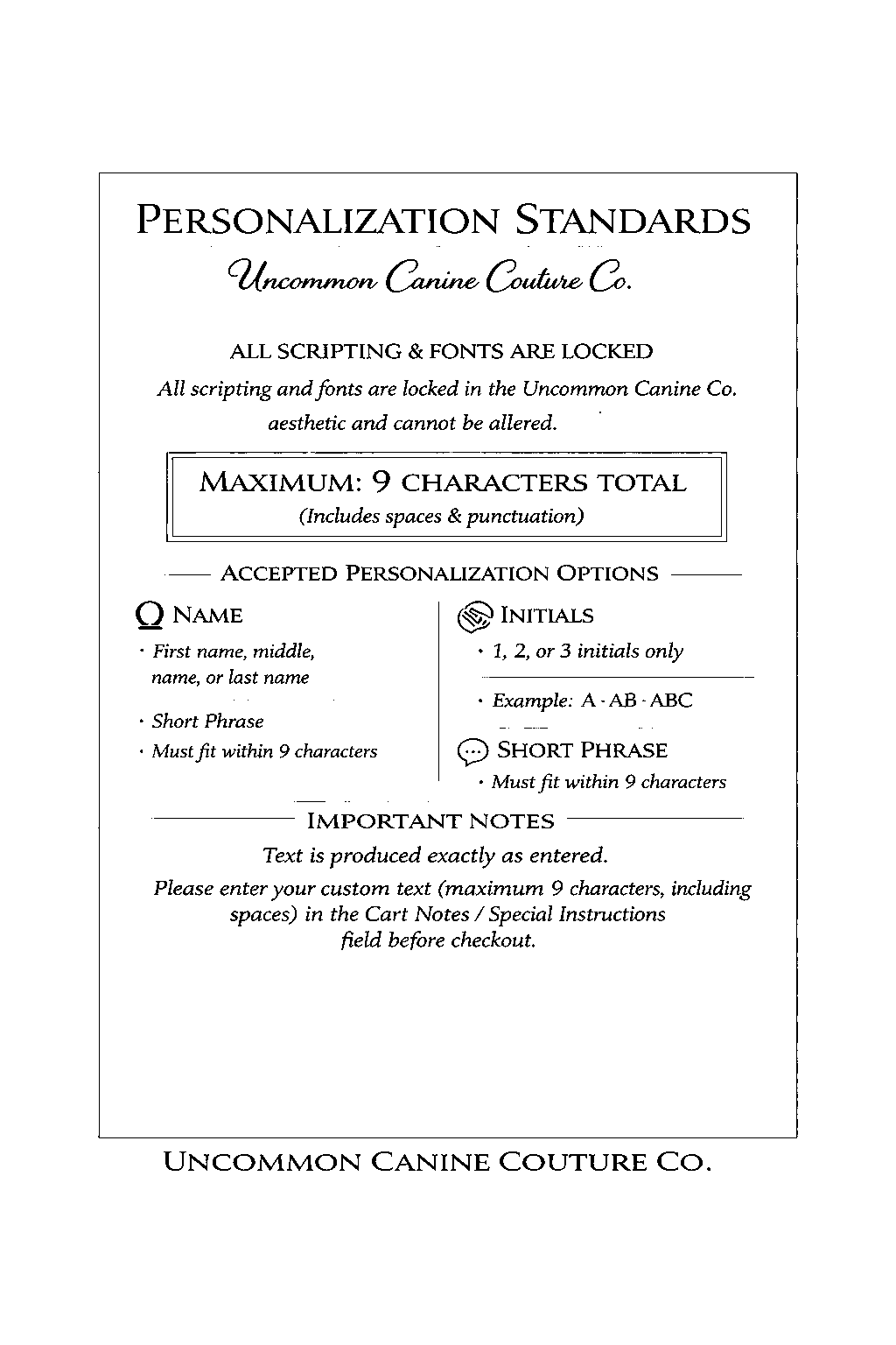 Uncommon Canine Couture Co. personalization standards document on a white background