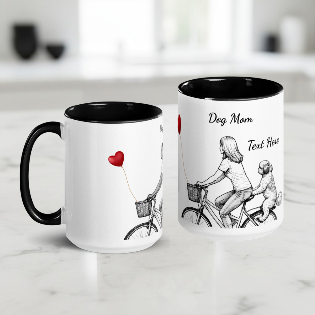 Two mugs with black interior and handle, featuring illustrations of a woman on a bike with a dog and text 'Dog Mom Text Here'.