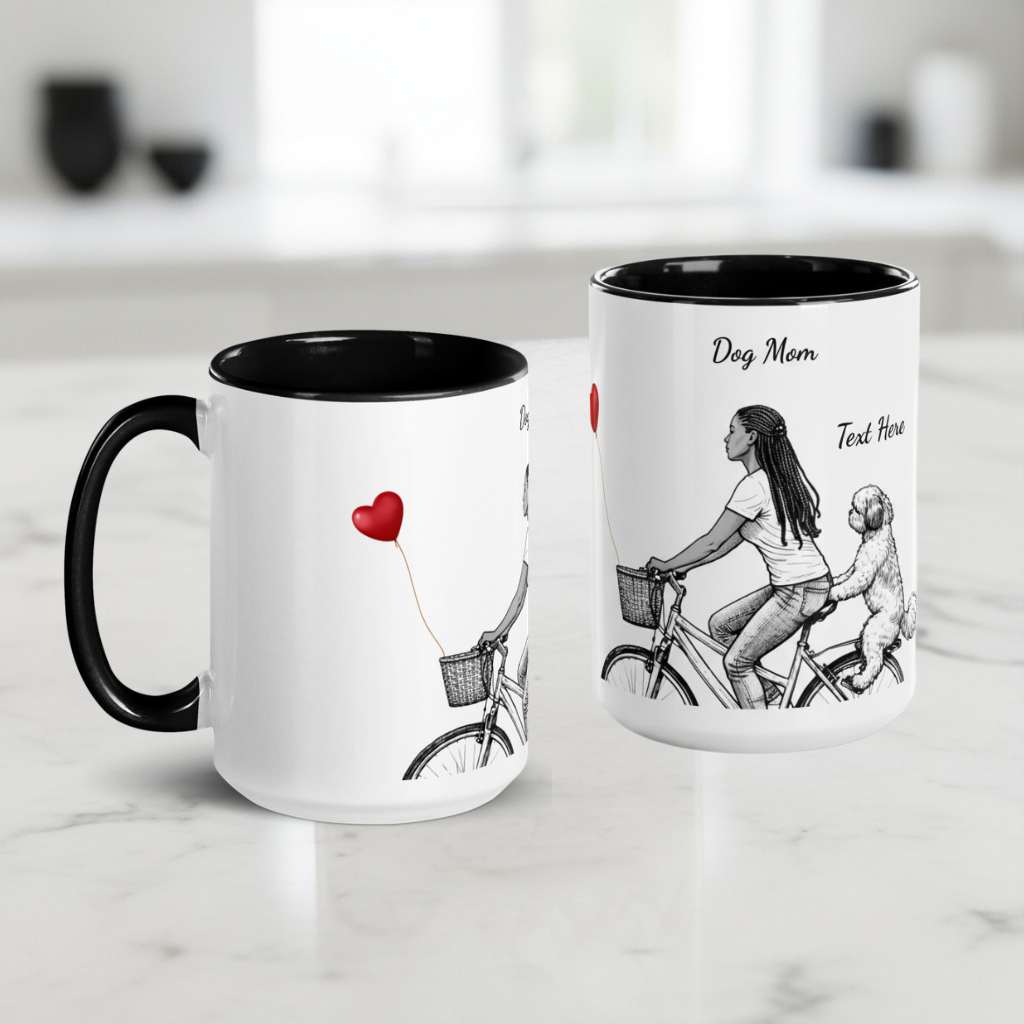 Two mugs with black interior and handle, featuring illustrations of a woman on a bike with a dog and a heart.