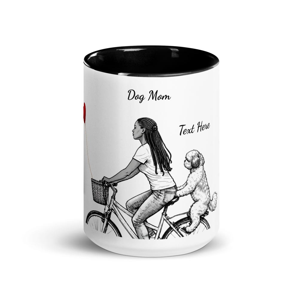 Mug with illustration of a woman and dog on a bike, text 'Dog Mom Text Here'.