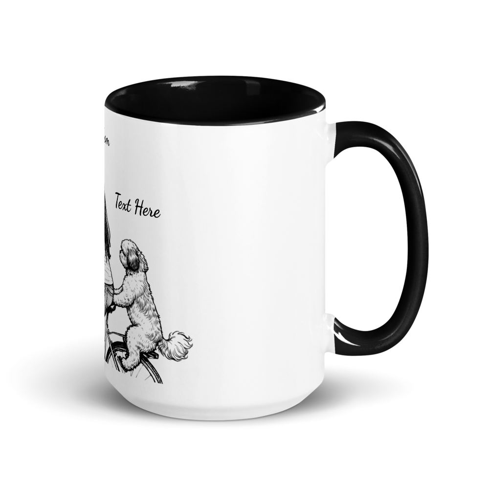White mug with black interior and handle featuring a black and white illustration of a dog on a leash with 'Text Here' placeholder text.