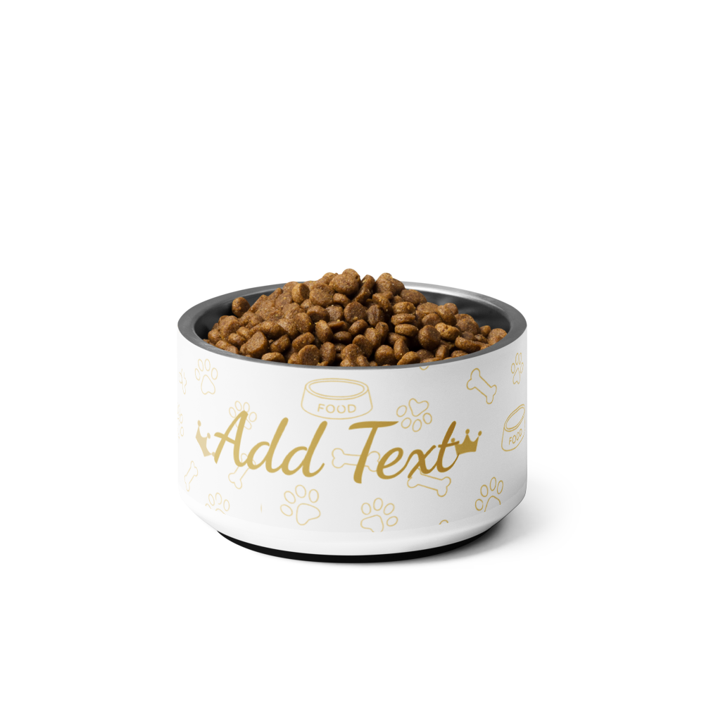 Ivory pet food bowl with gold text and pet-related graphics on a white background